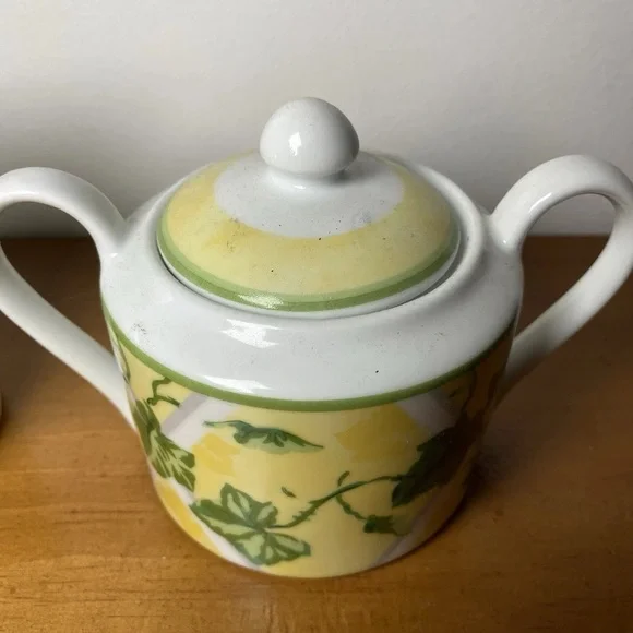 Waverly Gazebo Cream And Sugar Set Creamer Lemon Yellow Ivy Green Vintage 90’s - Picture 3 of 9